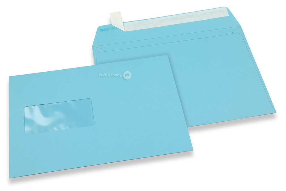 Sky blue, coloured window envelopes, 162 x 229 mm (A5), window on the left, windowsize 45 x 90 mm, windowposition 20 mm from the left / 60 mm from the bottom, peal and seal closure, 120 gram coloured paper