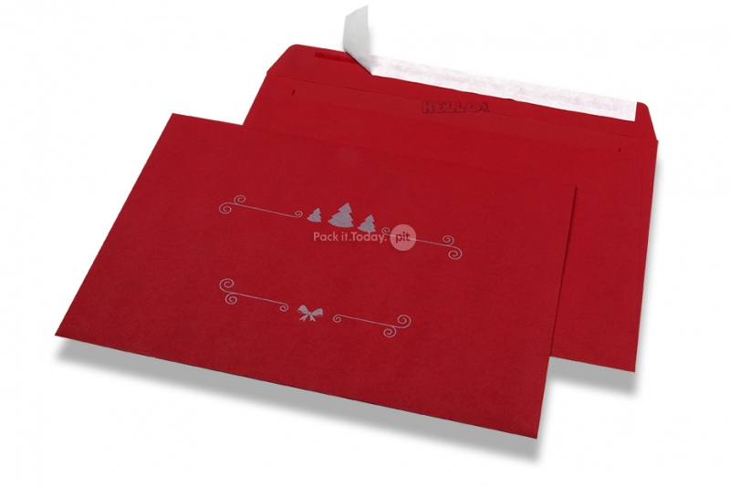 Coloured Christmas envelopes - Red, with Christmas decoration