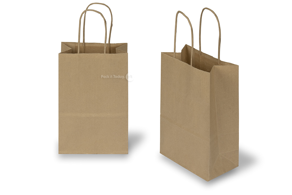 Paper carrier bags with twisted handles - brown striped, 140 x 80 x 210 mm, 90 gsm