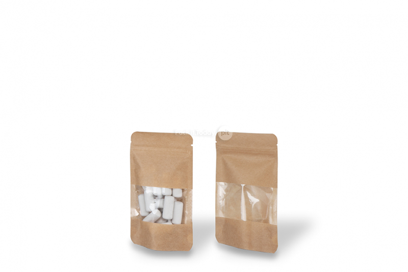 Stand up pouch with window - brown, 85 x 145 x 50 mm, 100 ml