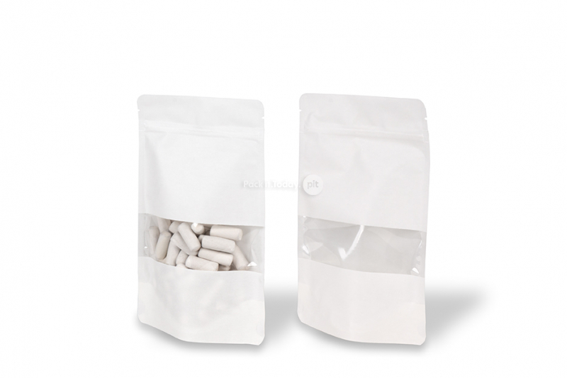 Stand up pouch with window - white, 130 x 225 x 70 mm, 500 ml