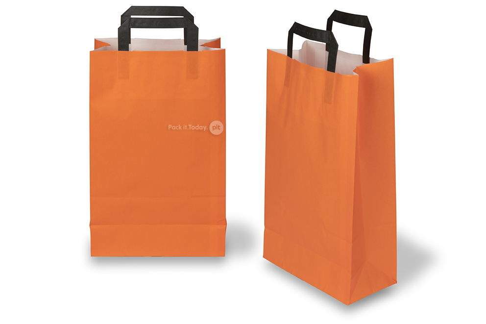 Paper carrier bags with folded handles - orange, 220 x 105 x 360 mm