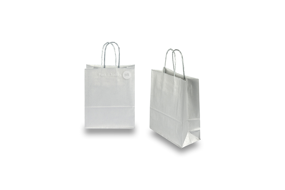 Paper carrier bags with twisted handles - silver, 180 x 80 x 220 mm, 90 gsm
